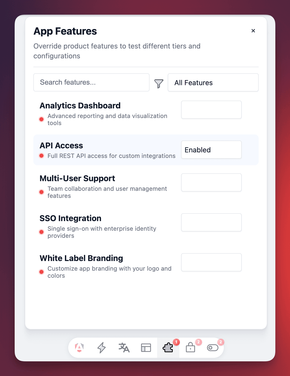 Screenshot of the Presets panel showing saved presets like Admin Full Access, Trial User, and Enterprise Customer