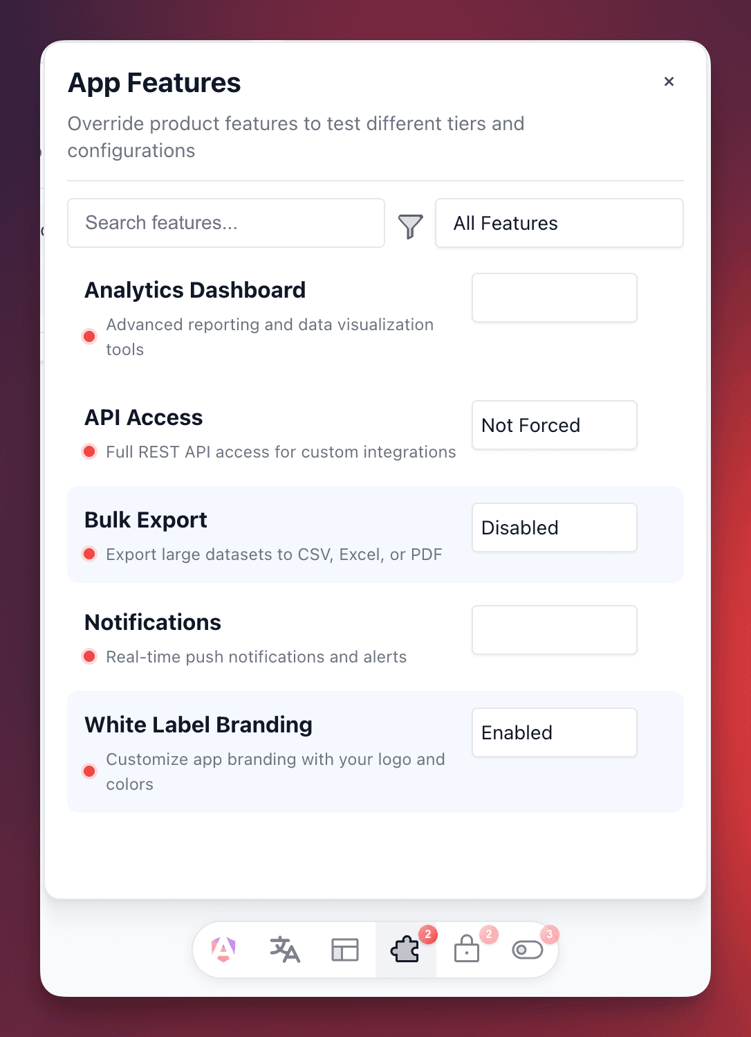App Features panel showing features with enable/disable toggles