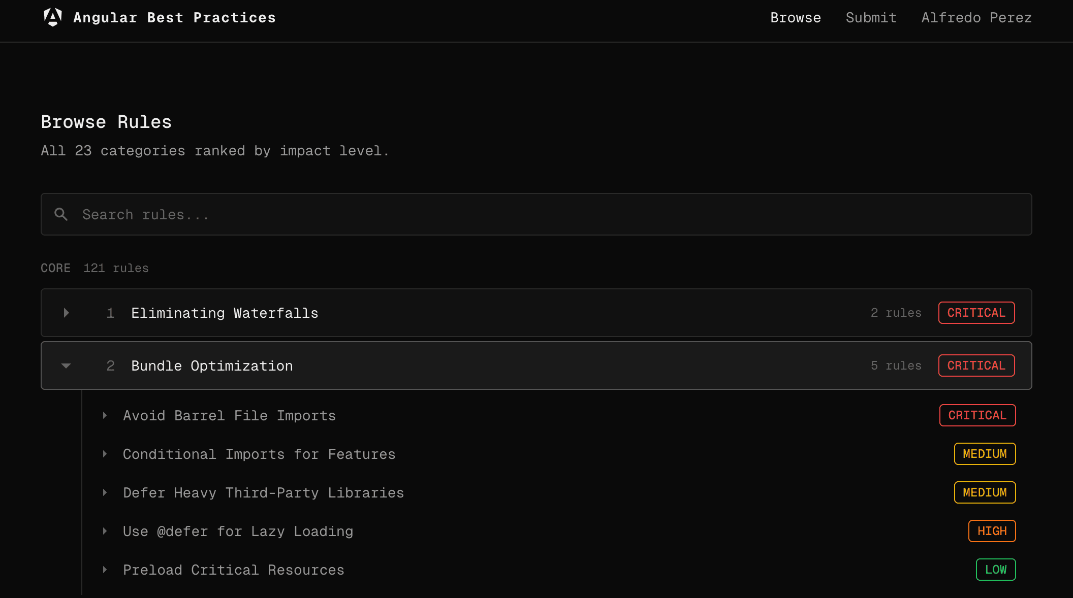 Screenshot of the web app showing rule categories