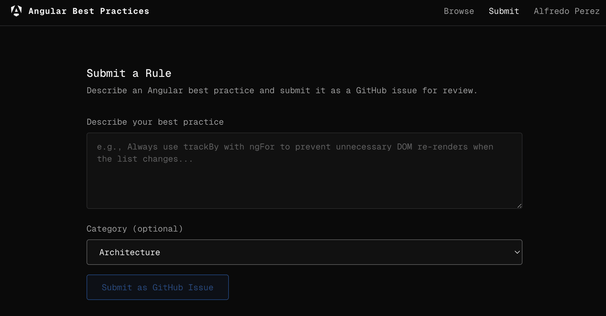 Screenshot of GitHub issue template