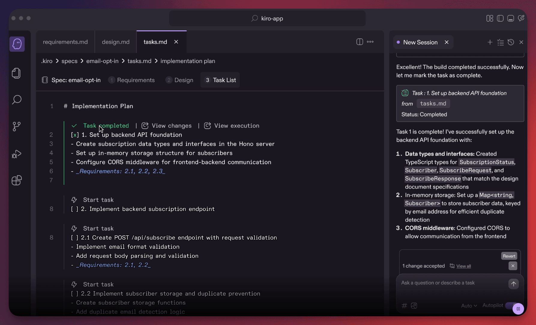 Kiro IDE showing spec-driven development workflow