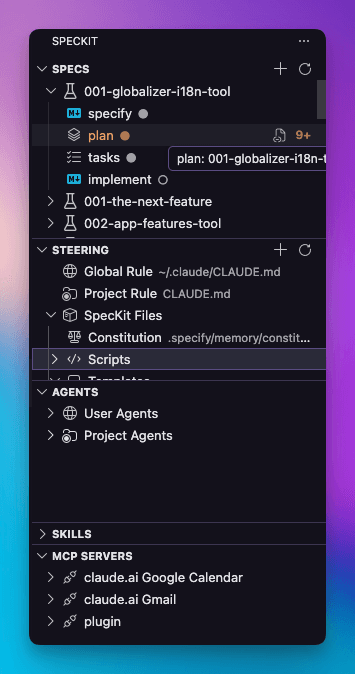 SpecKit Companion sidebar showing Specs, Steering, Agents, Skills, and Hooks sections