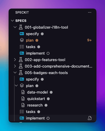 Specs section of the sidebar showing specs at different workflow phases