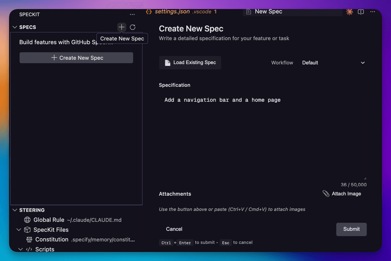 Create New Spec dialog with description text and attached image