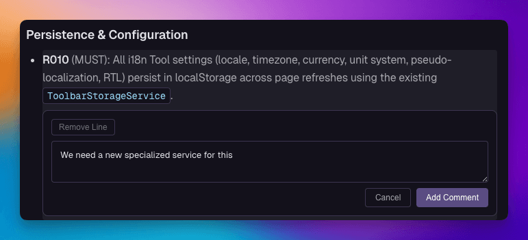 Specification file with inline review comments on specific lines