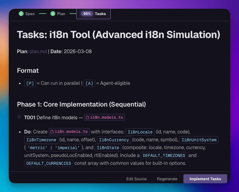 Workflow Editor showing the Tasks phase with task list and progress