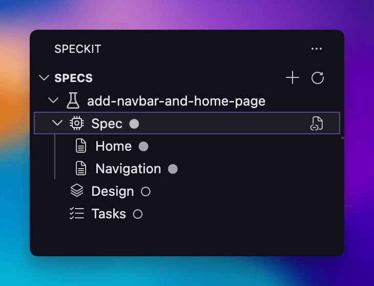 Workflow Editor showing the Spec phase with both specs listed in the sidebar