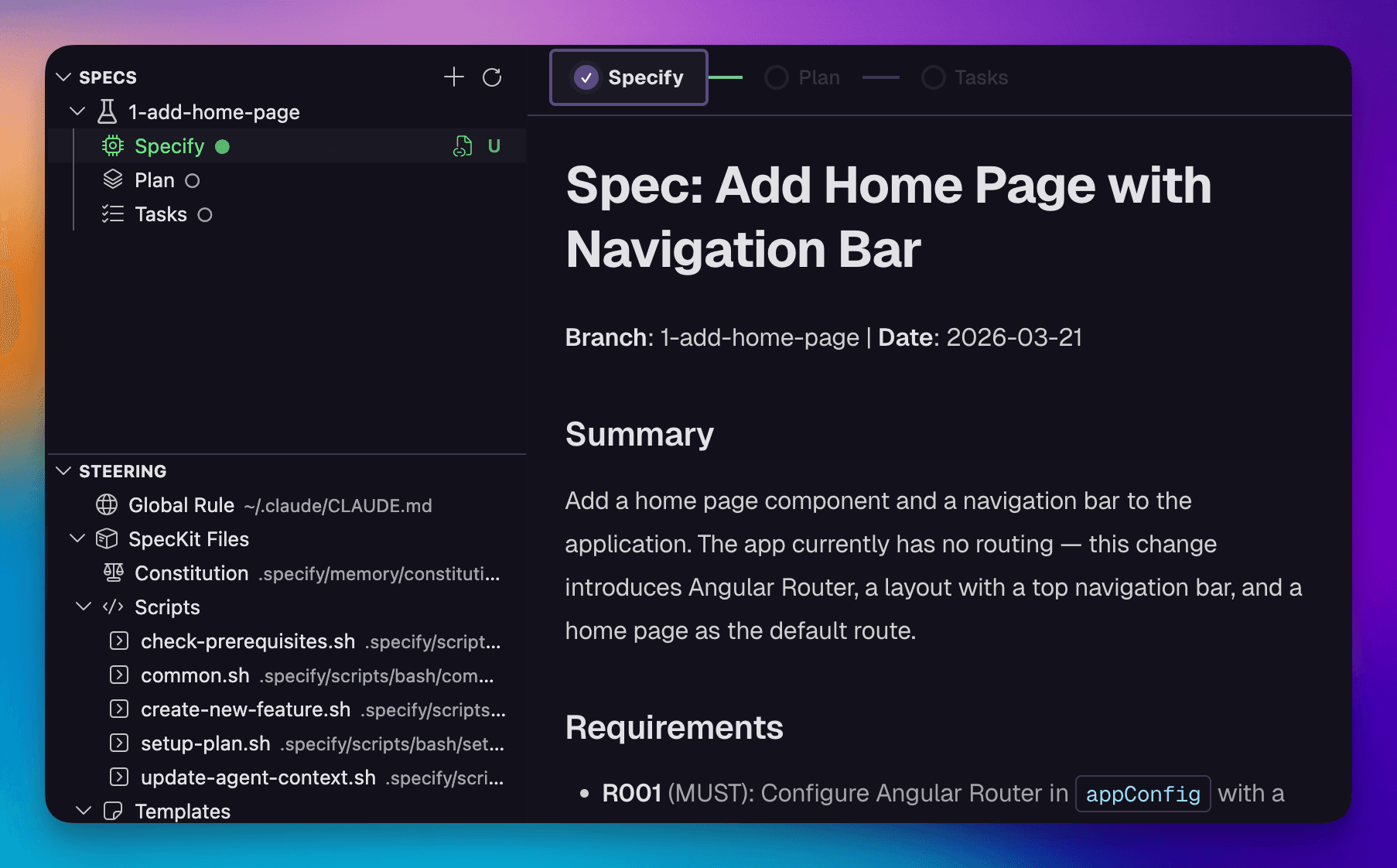 Specify phase complete in the sidebar with the generated spec showing requirements