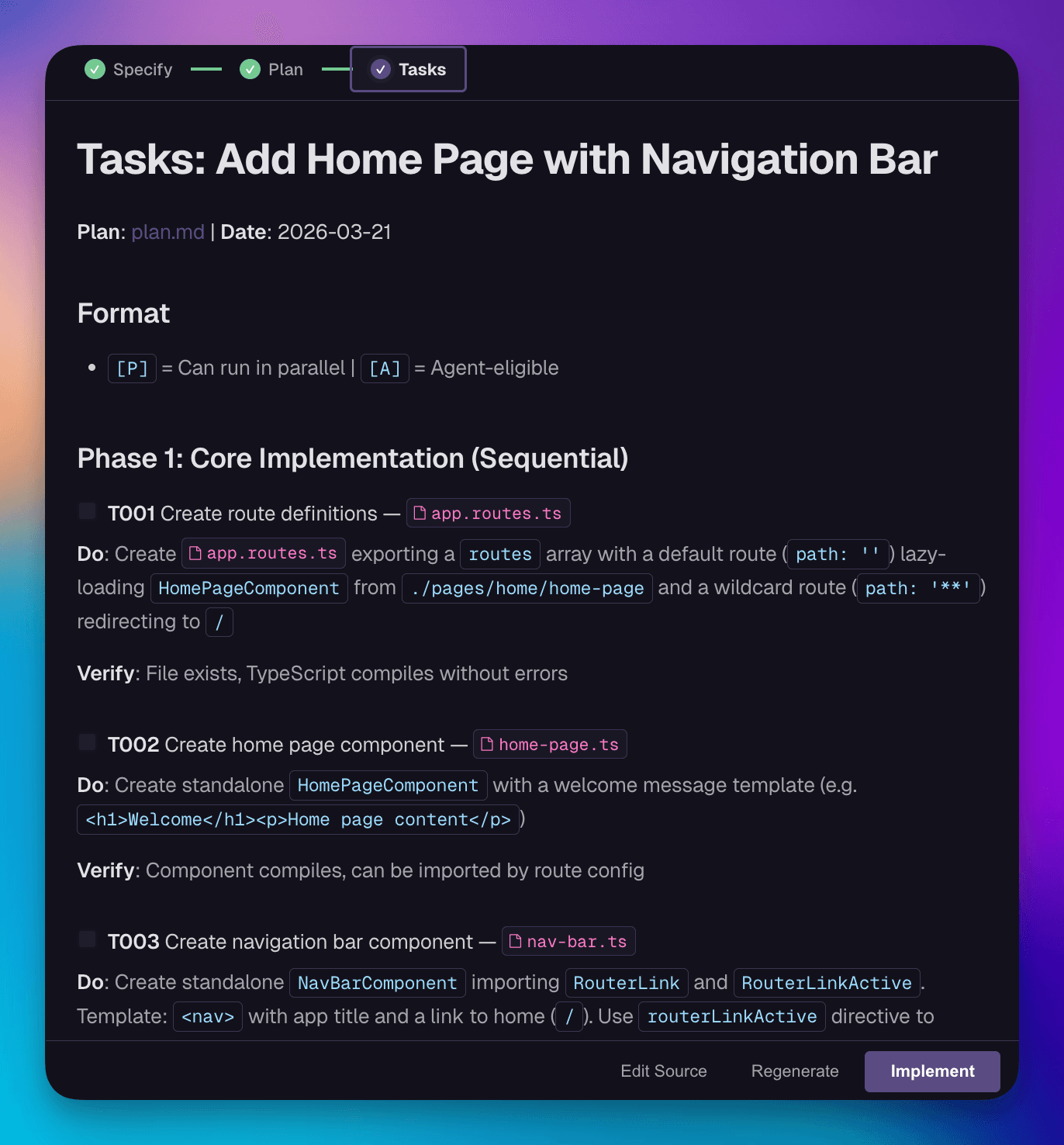 Tasks phase showing phased tasks with Do and Verify pairs and an Implement button