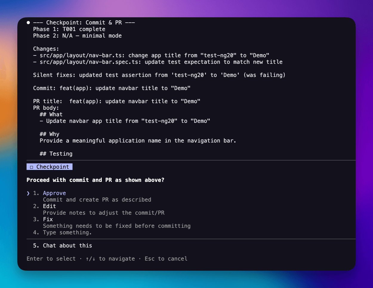 Checkpoint showing the commit message and PR body for approval before pushing