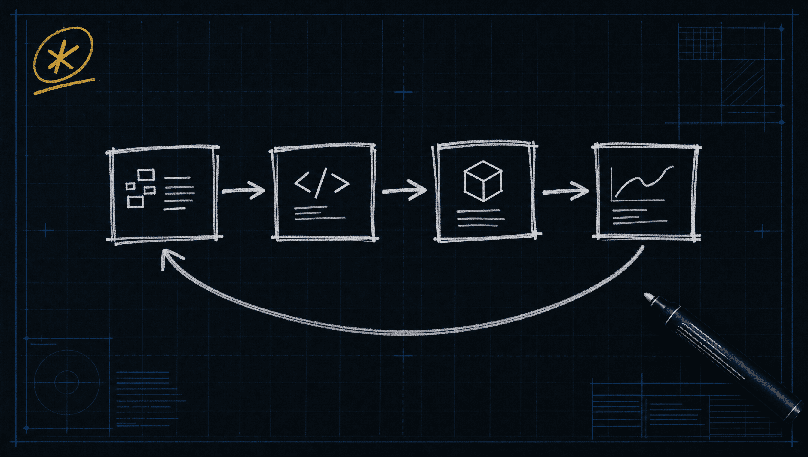 Hand-drawn blueprint of a four-stage software pipeline on a dark drafting desk, with one sweeping arrow looping back to the start