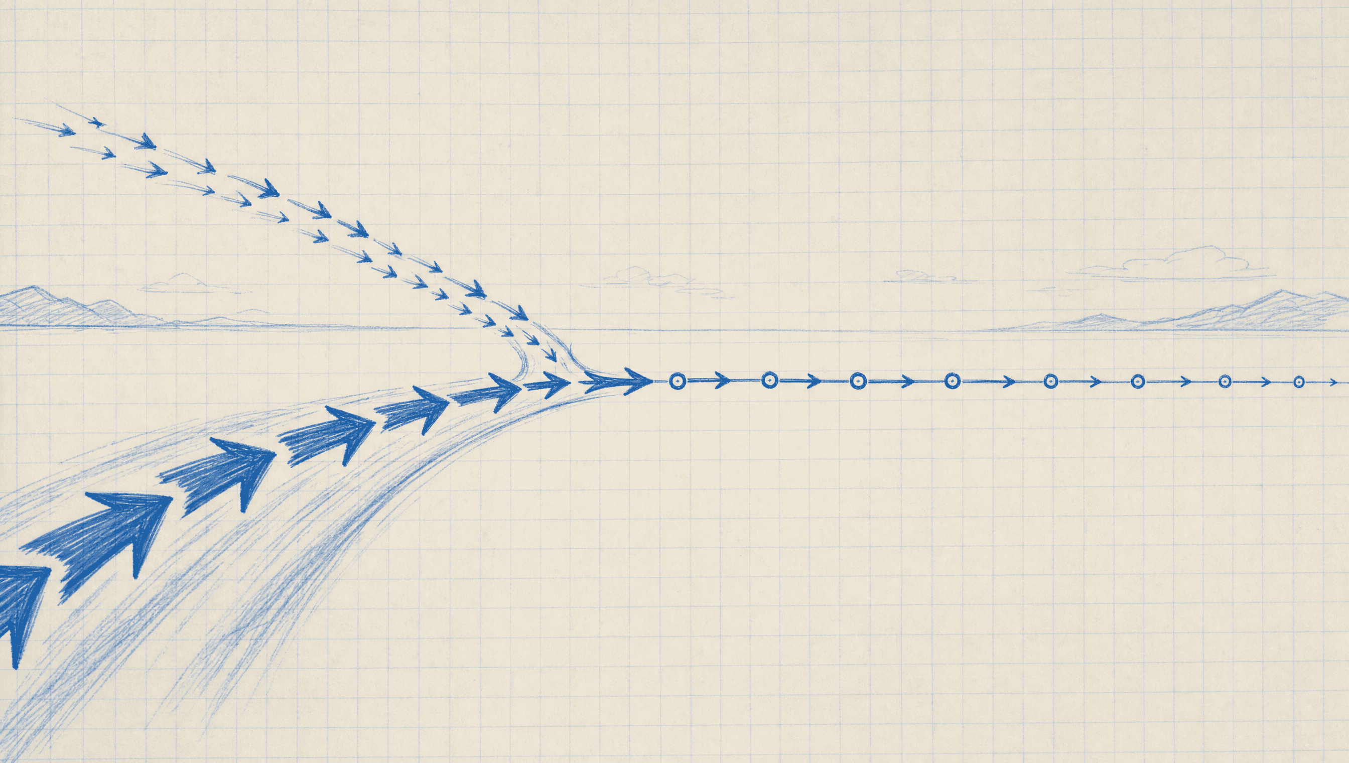 Two streams of hand-drawn marker arrows merging into a single forward path of checkpoint nodes on a graph-paper background, marker-blueprint style