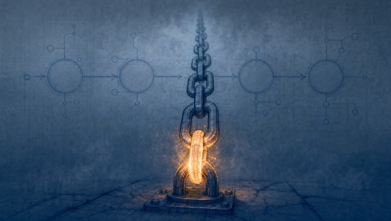 A blueprint-style chain receding into fog with one amber-lit link holding the whole chain, a faint four-stage pipeline ghosted behind it, marker-blueprint style