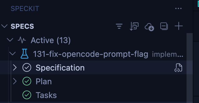 The SpecKit Companion SPECS sidebar tree, with the active spec 131 expanded to its Specification, Plan, and Tasks rows