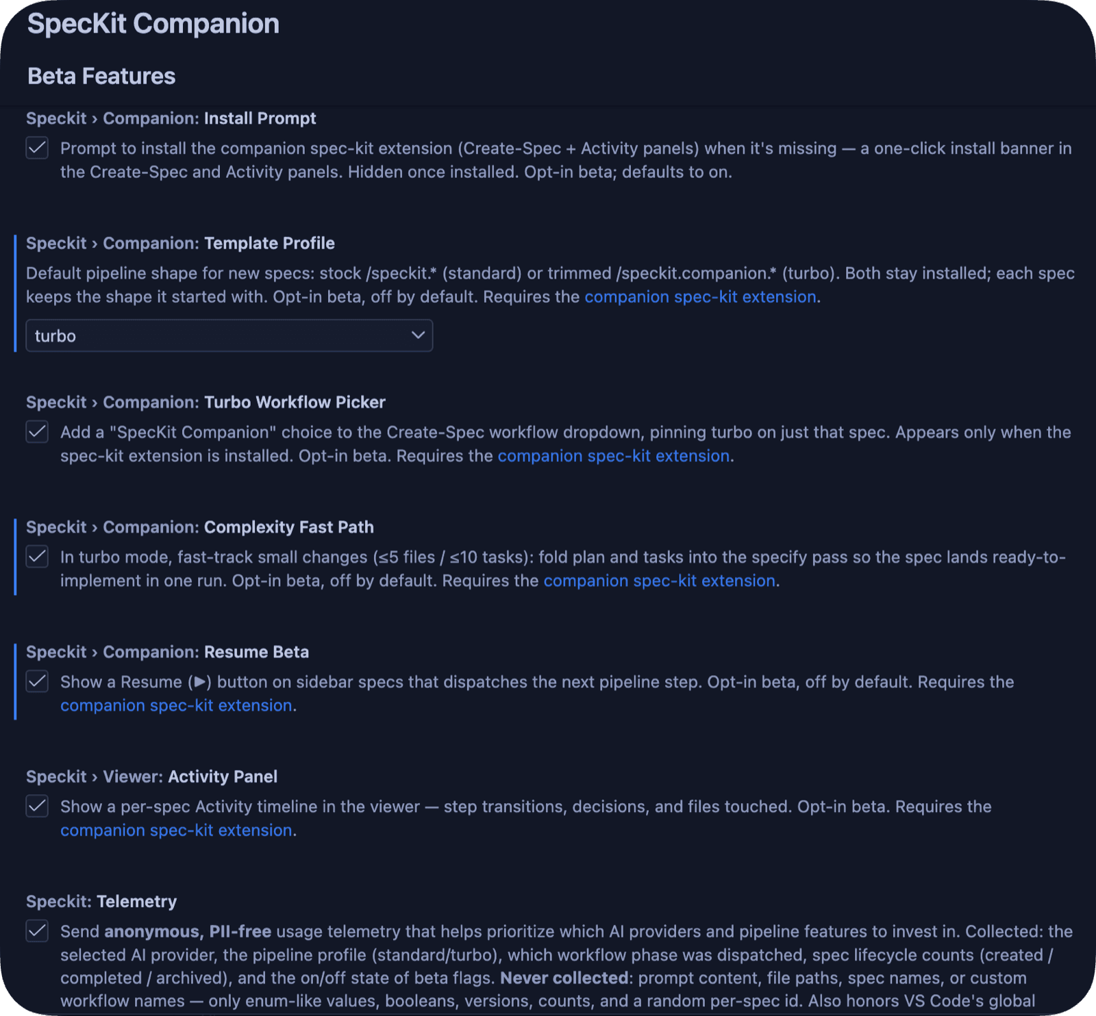 VS Code Settings showing the SpecKit Companion Beta Features section, with Template Profile set to turbo and a Complexity Fast Path toggle, both opt-in beta and off by default