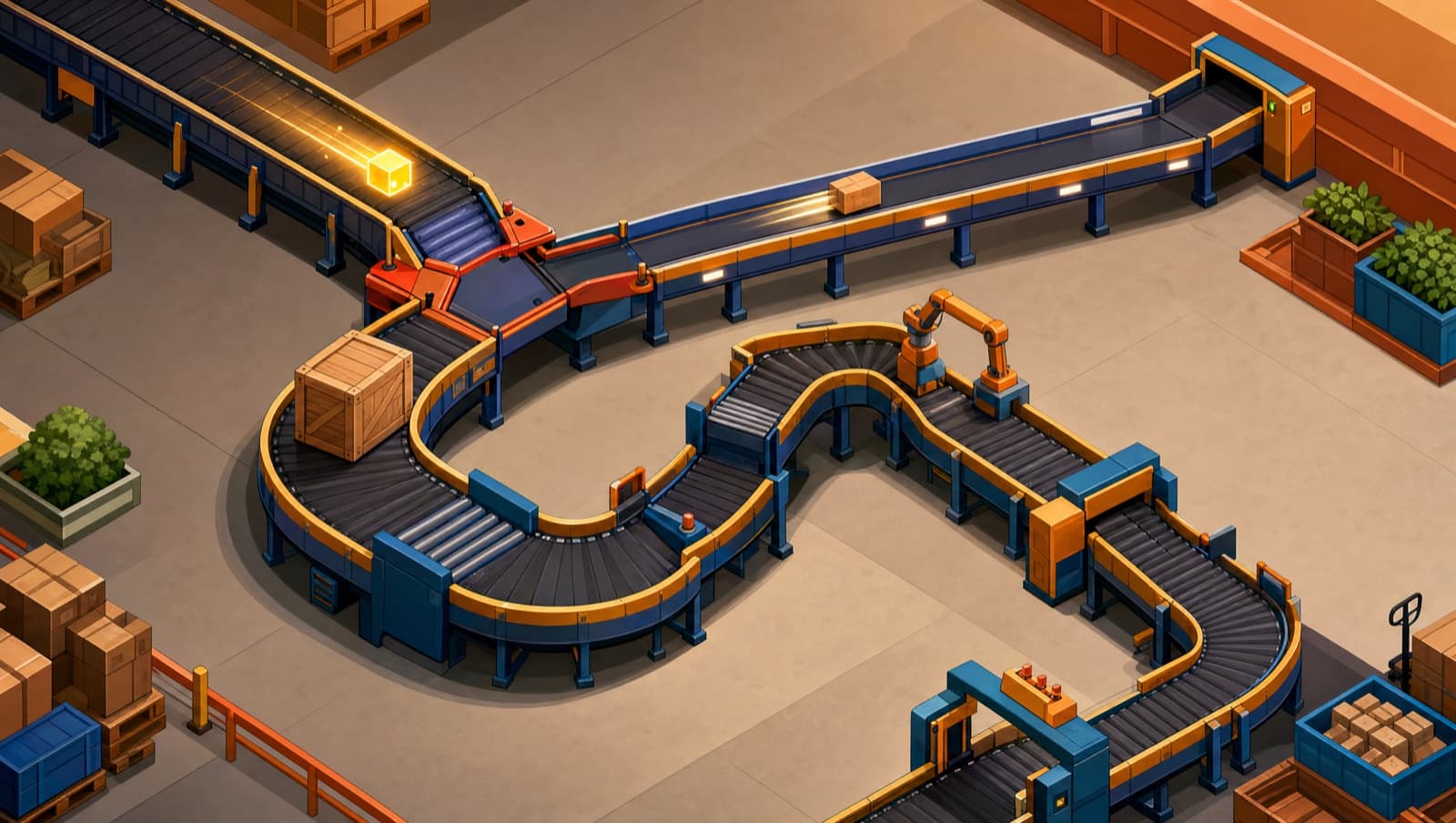 An isometric sorting junction where a small glowing parcel takes a short express chute while large crates wind through a long multi-station conveyor, small changes take the fast path and big ones take the full pipeline
