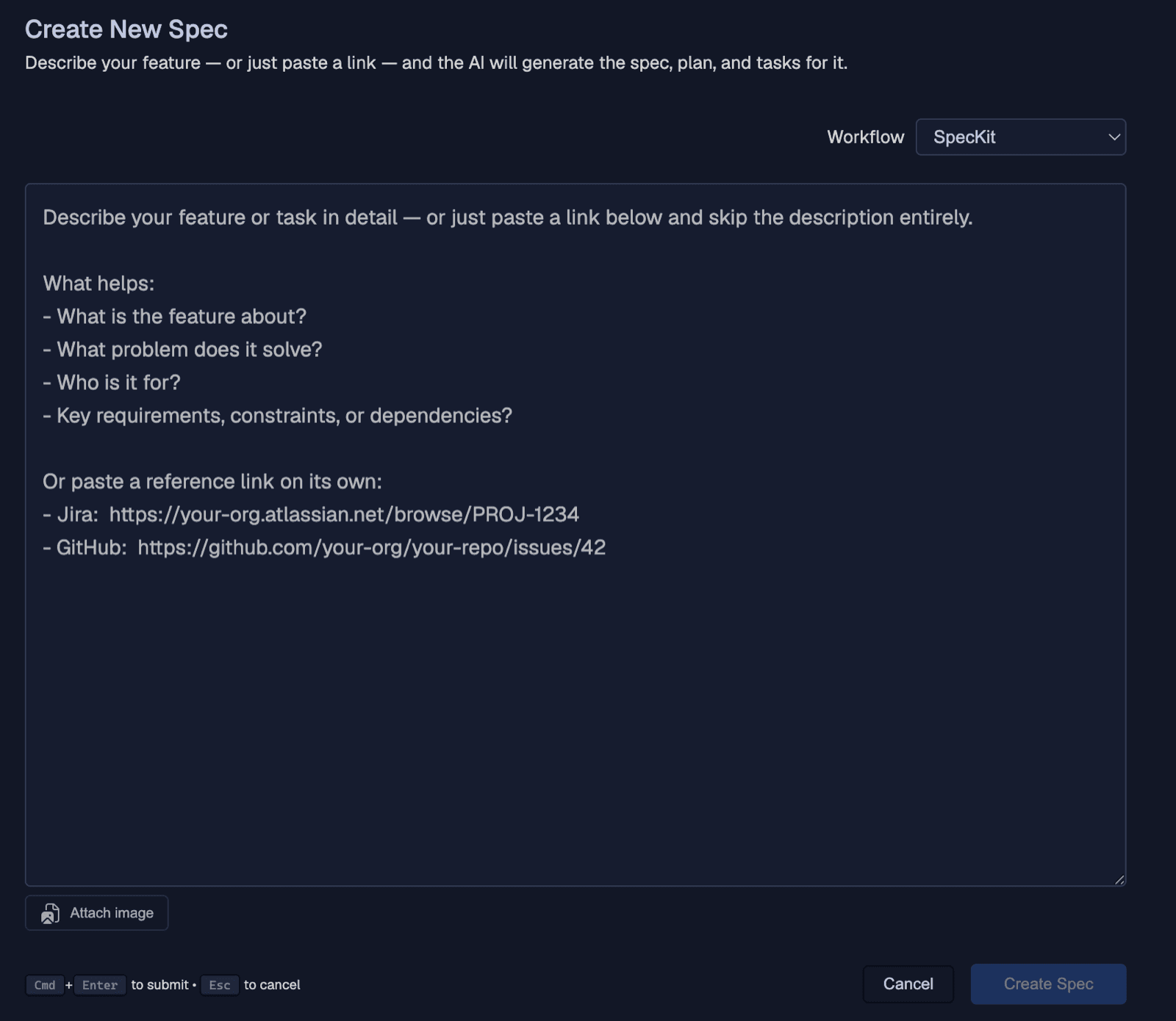 The Create Spec page showing a single picker to choose between SpecKit and SpecKit Companion