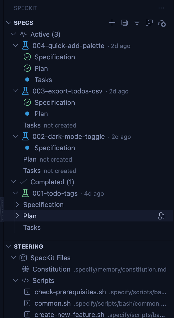 The SpecKit Companion sidebar in VS Code showing specs with their status badges