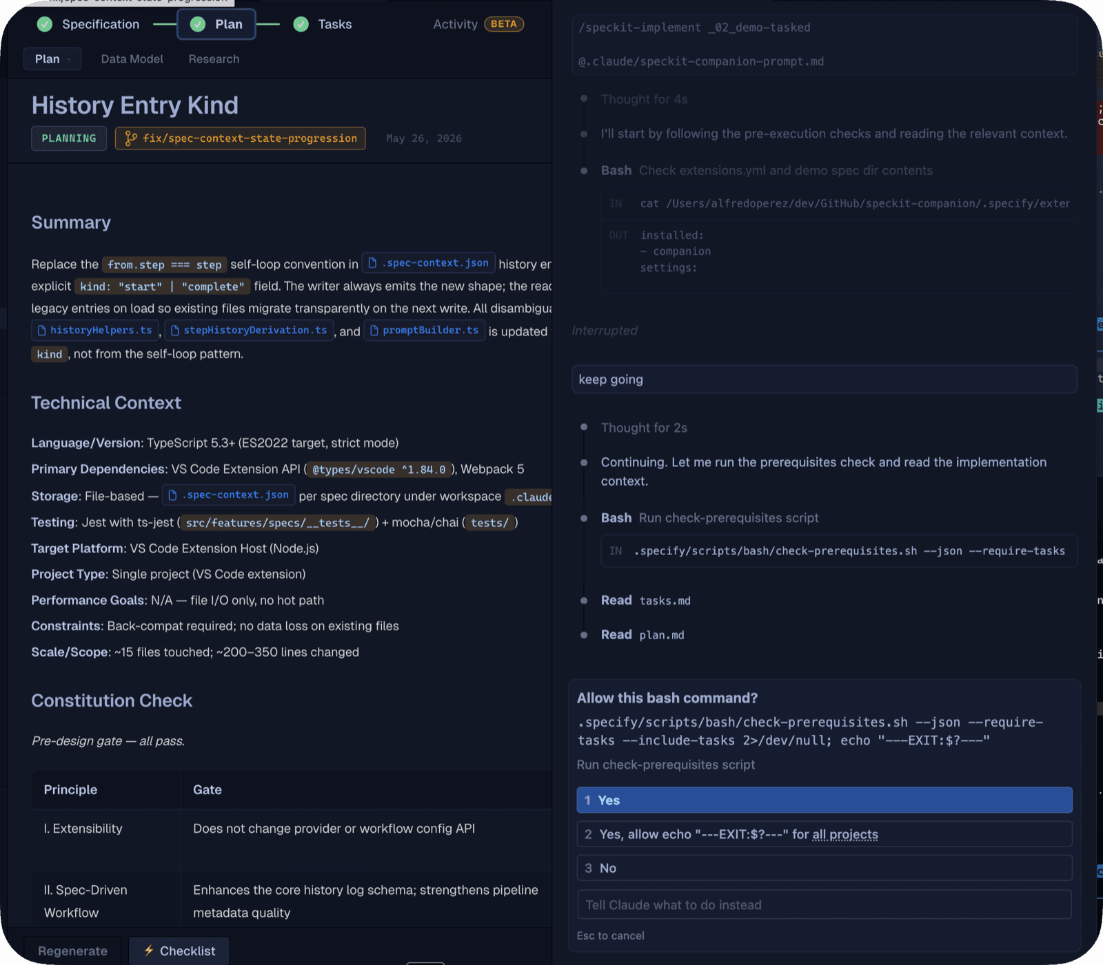 Claude Code running spec-kit commands inside VS Code alongside the Companion sidebar