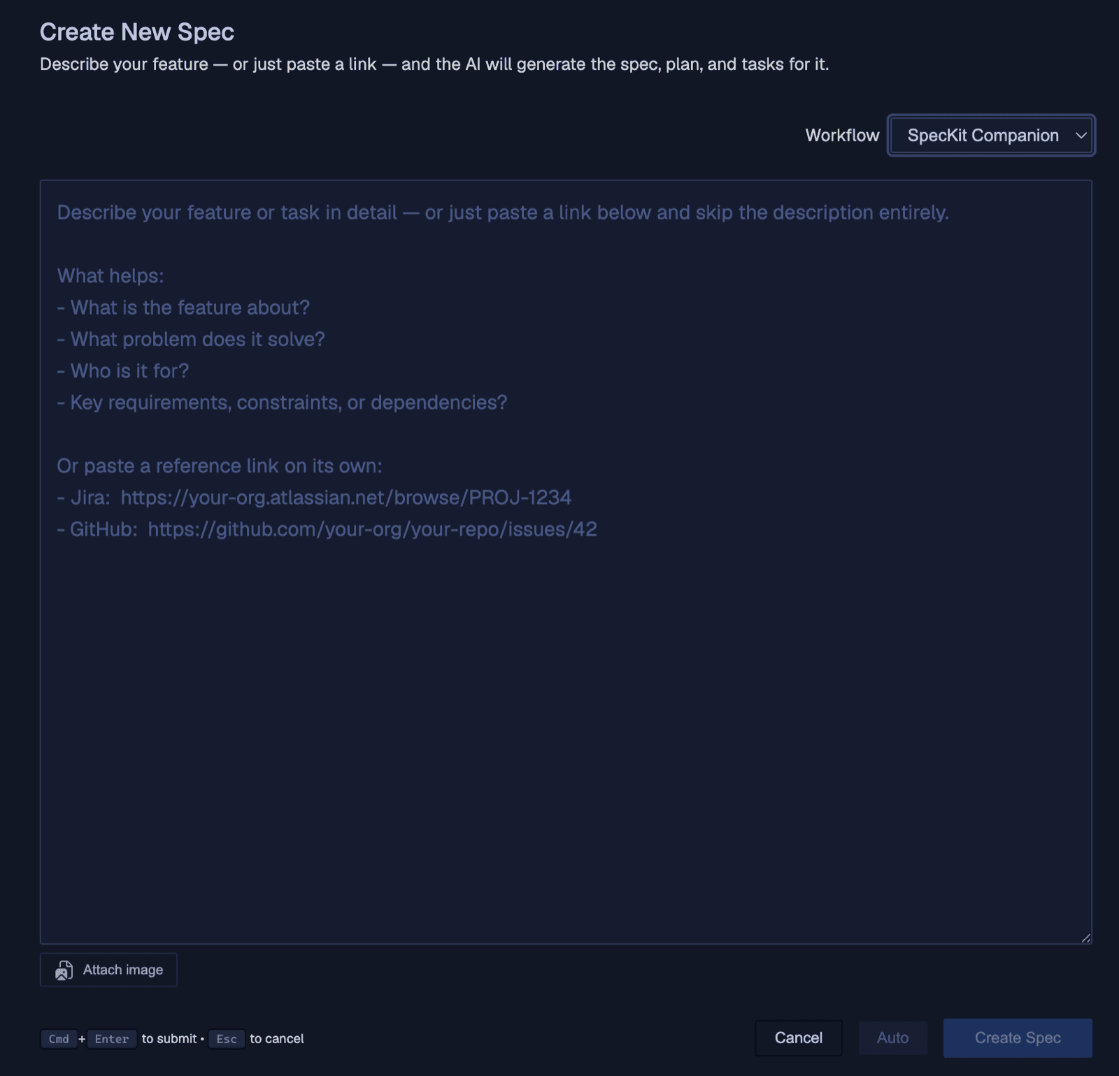 The New Spec dialog with the workflow picker and the Auto Mode button