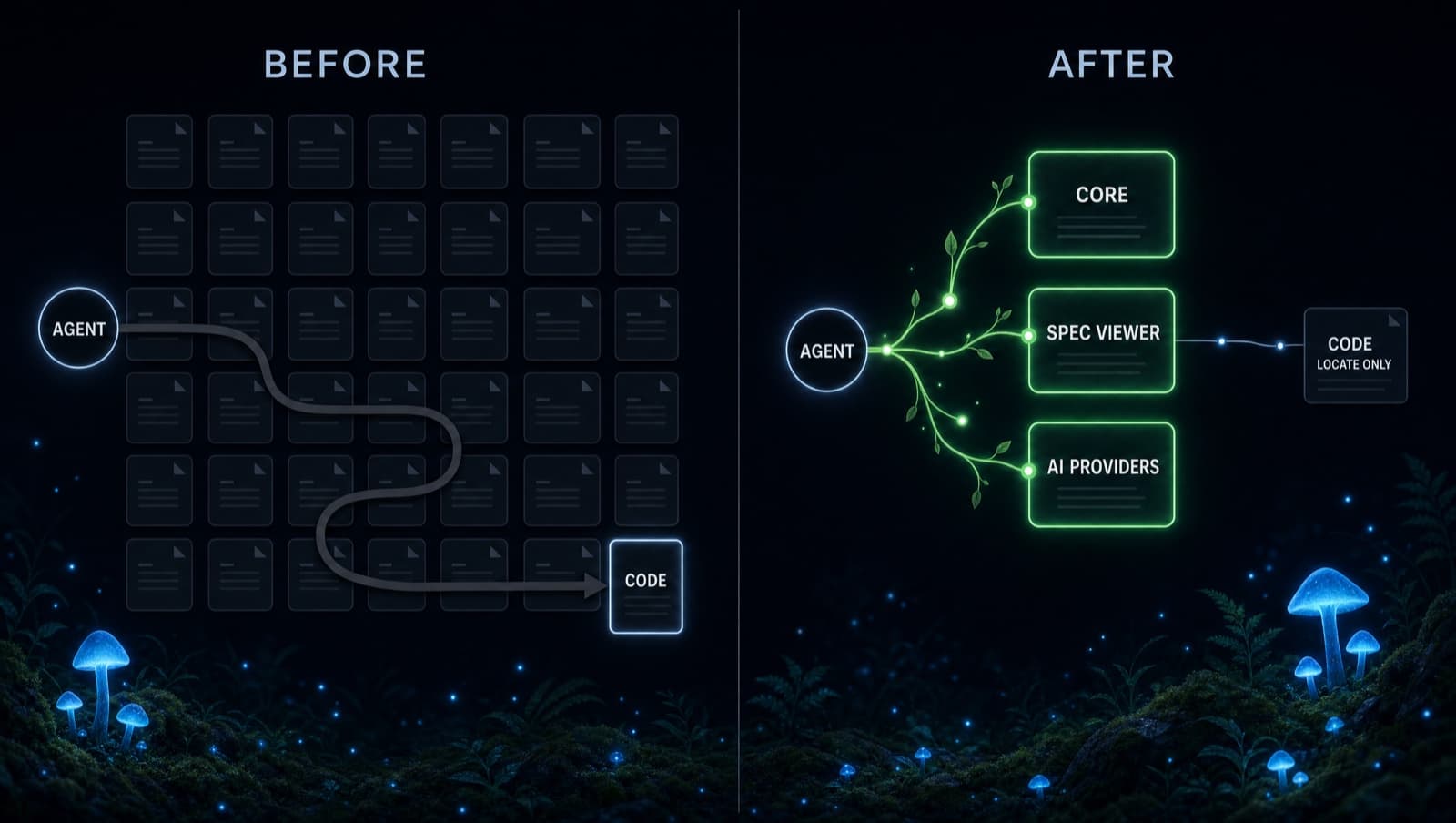 Before and after: on the left an agent sweeps past a grid of closed spec cards and reads the whole codebase, on the right three living specs load first and a thin line continues to the code marked locate only