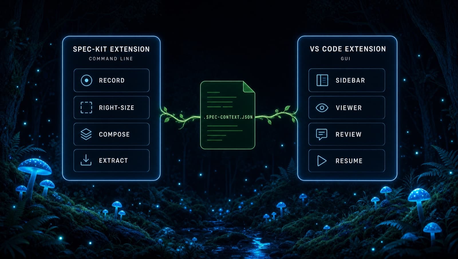 Two panels, the spec-kit extension on the command line and the VS Code extension GUI, connected only through a dot spec-context dot json file between them