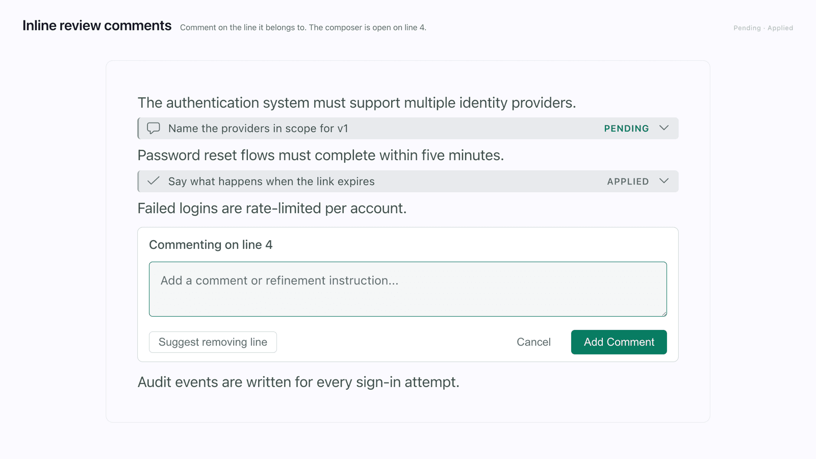 A spec with three comment states: one pending, one applied, and the composer open on line four showing how a comment is added