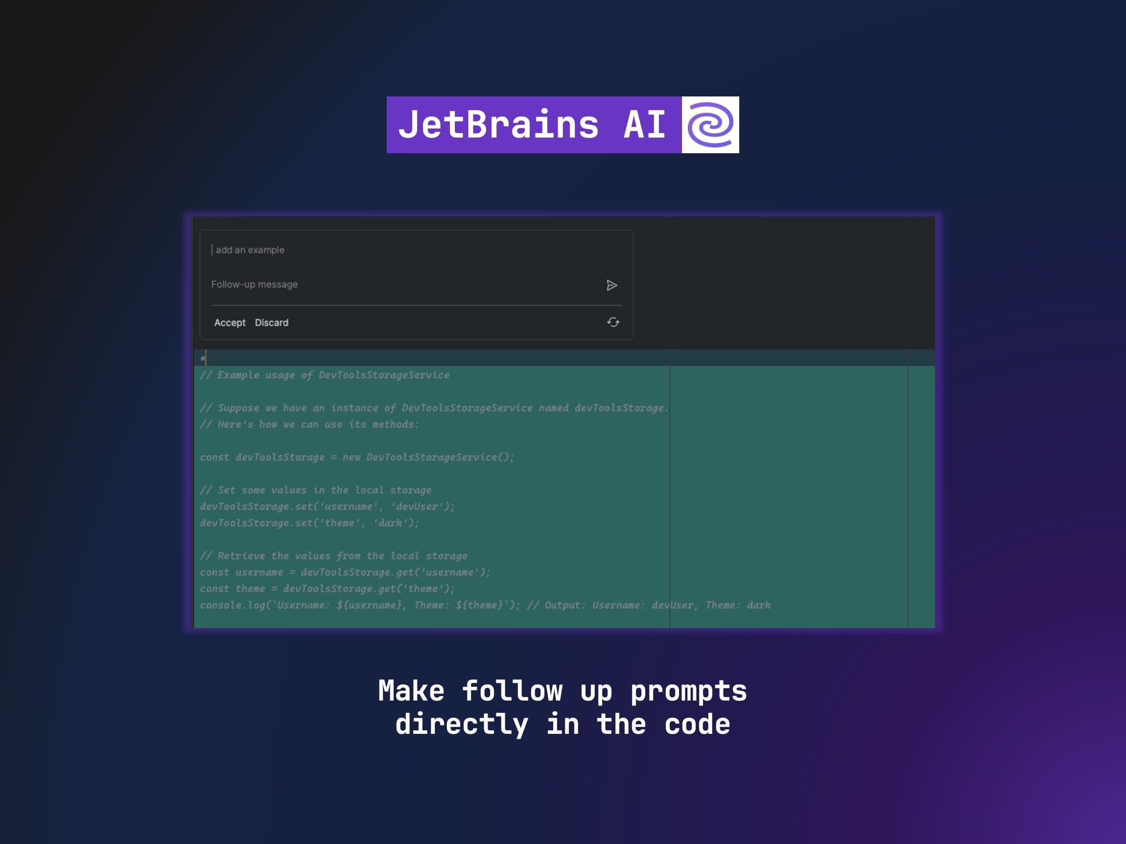 Screenshot of JetBrains AI interface showing an example of automatically generated code example for the documented class.