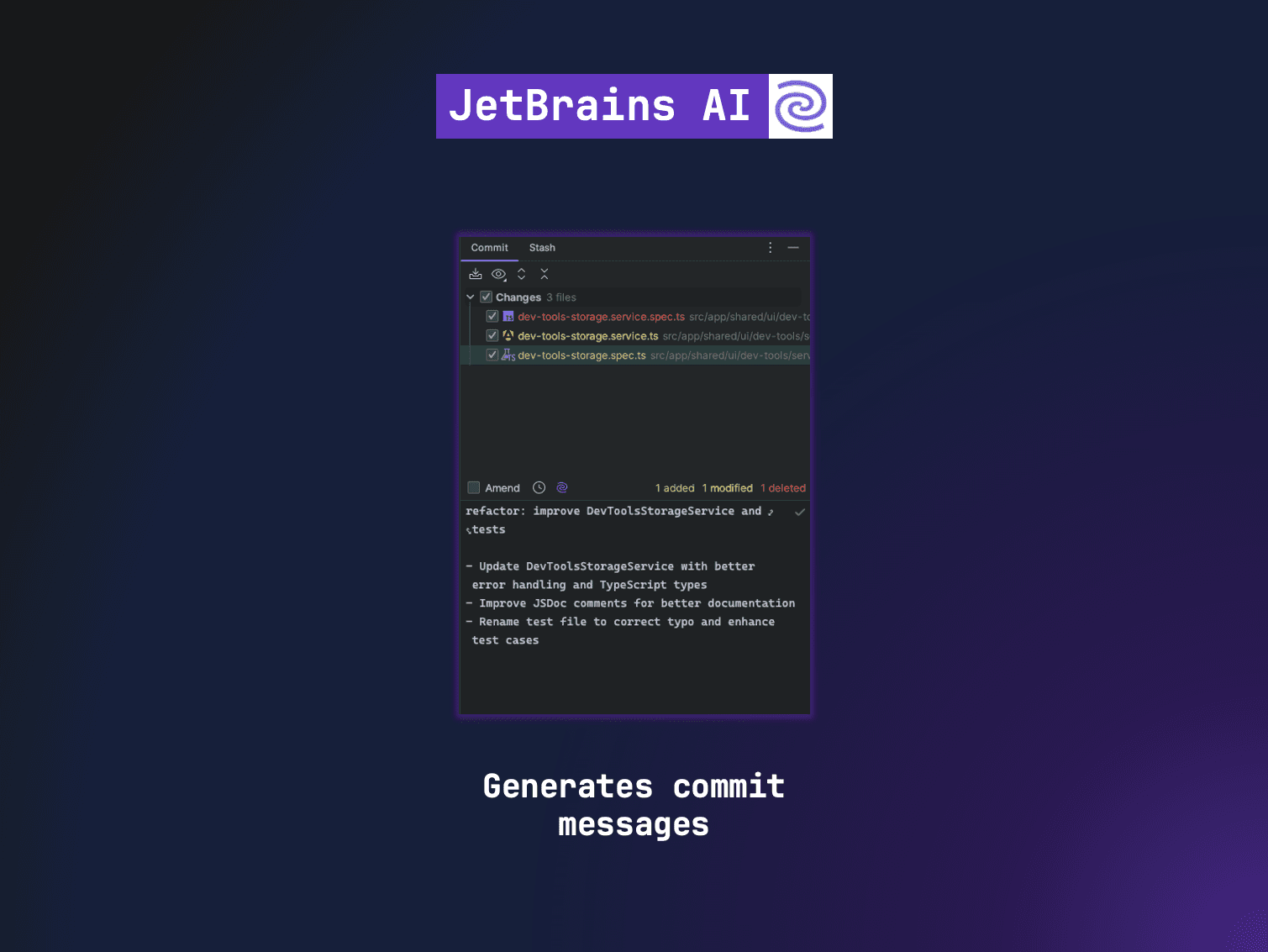 Screenshot of a JetBrains AI tool generating commit messages for a code repository. The tool lists file changes and suggested commit messages for improvements and refactoring in the code. 