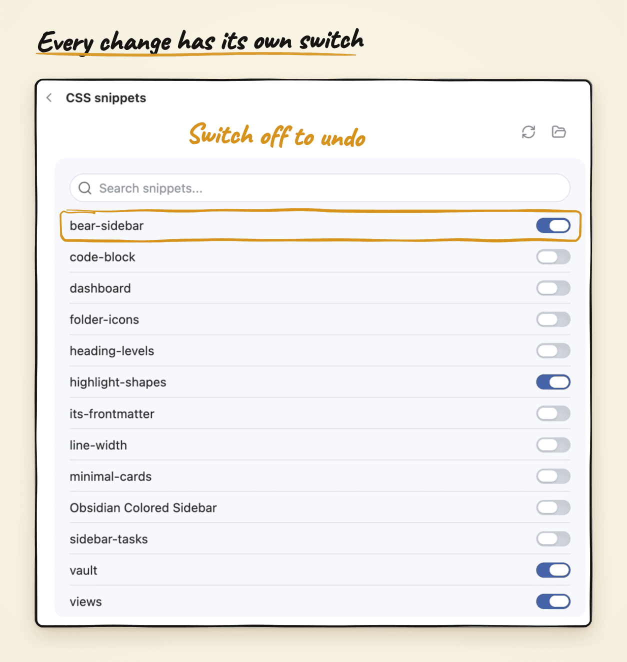 Obsidian's Appearance settings with the CSS snippets list open: each add-on has its own switch, and the one for the sidebar is highlighted.