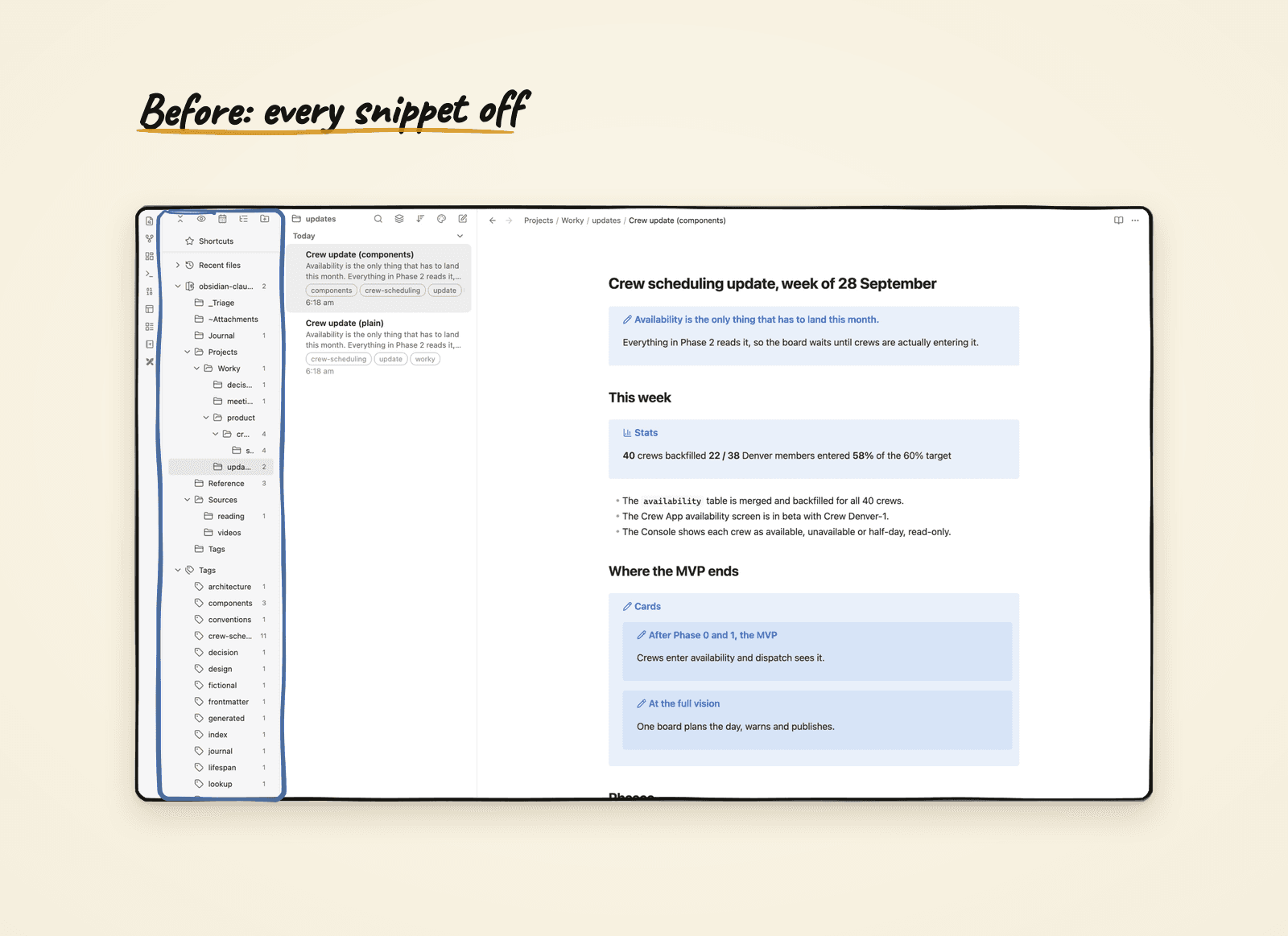 The example vault's weekly crew update open with the default sidebar, the default narrow reading column and no heading markers, with every add-on switched off.