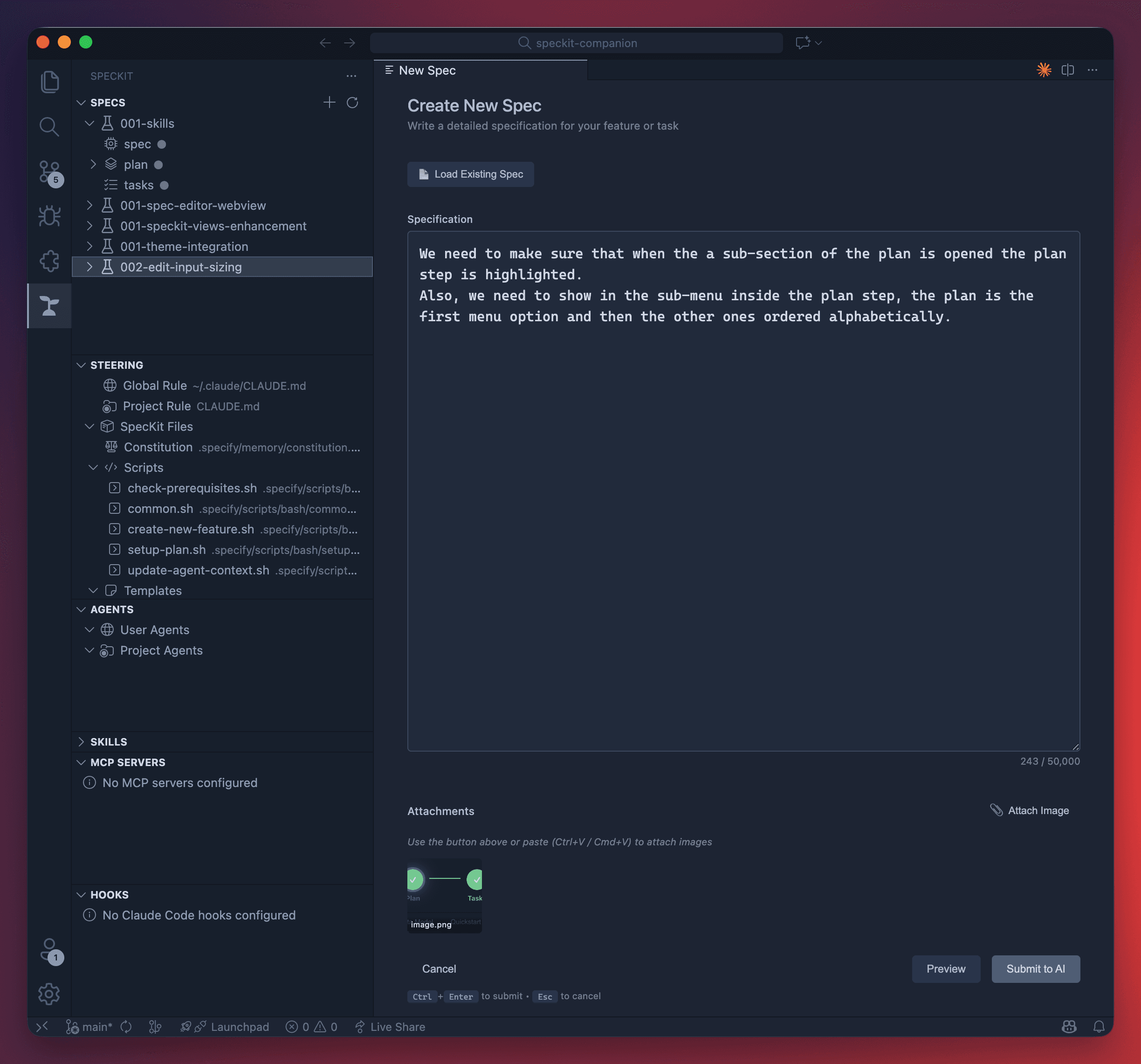 Create New Spec Dialog