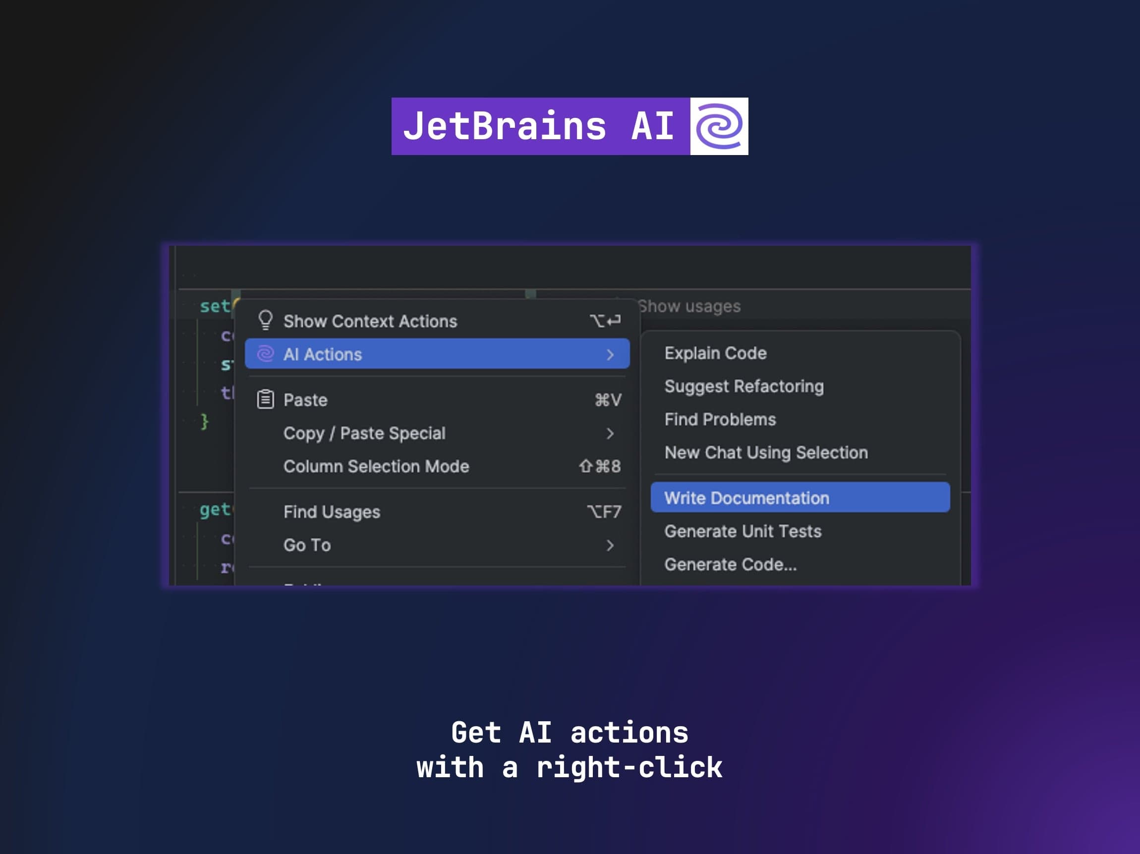 A screenshot showing the JetBrains AI menu with options for actions, highlighting "Write Documentation".