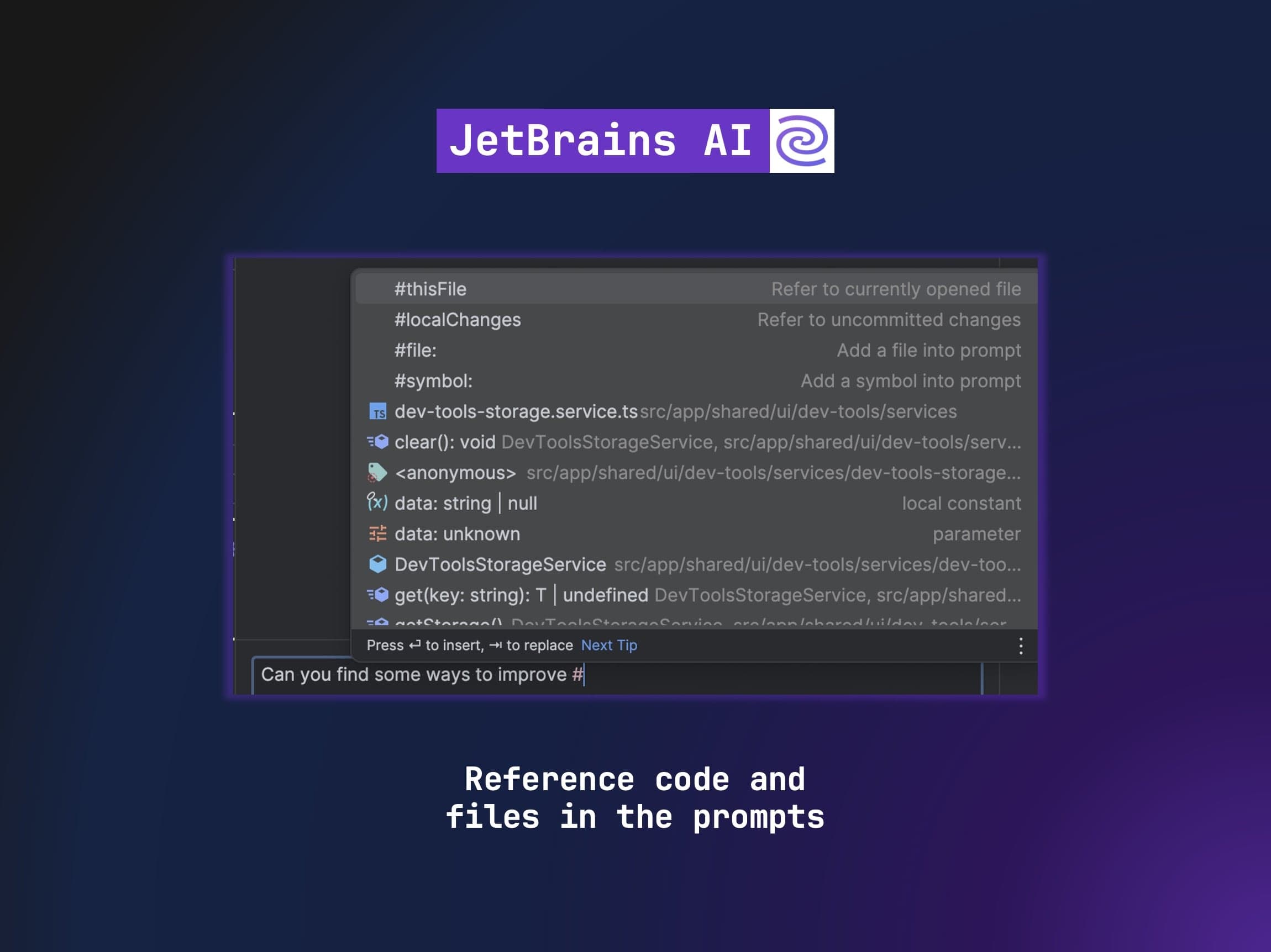 A screenshot displaying a code editor with the JetBrains AI tool. It shows an auto-completion popup suggesting various code elements such as files, symbols, and functions.