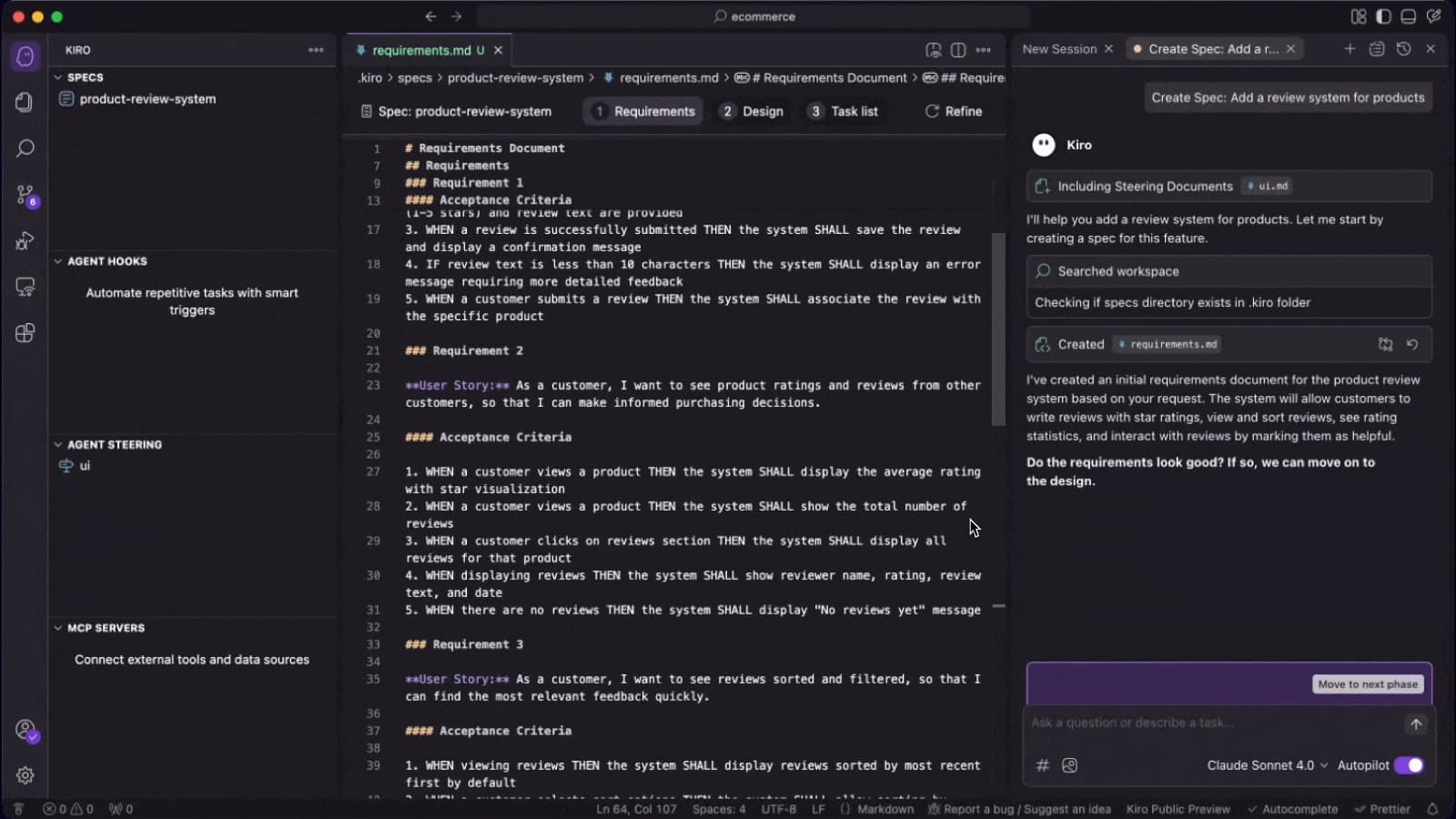 Kiro with a spec open: requirements, design, and task list as phases above the document, and the agent beside it