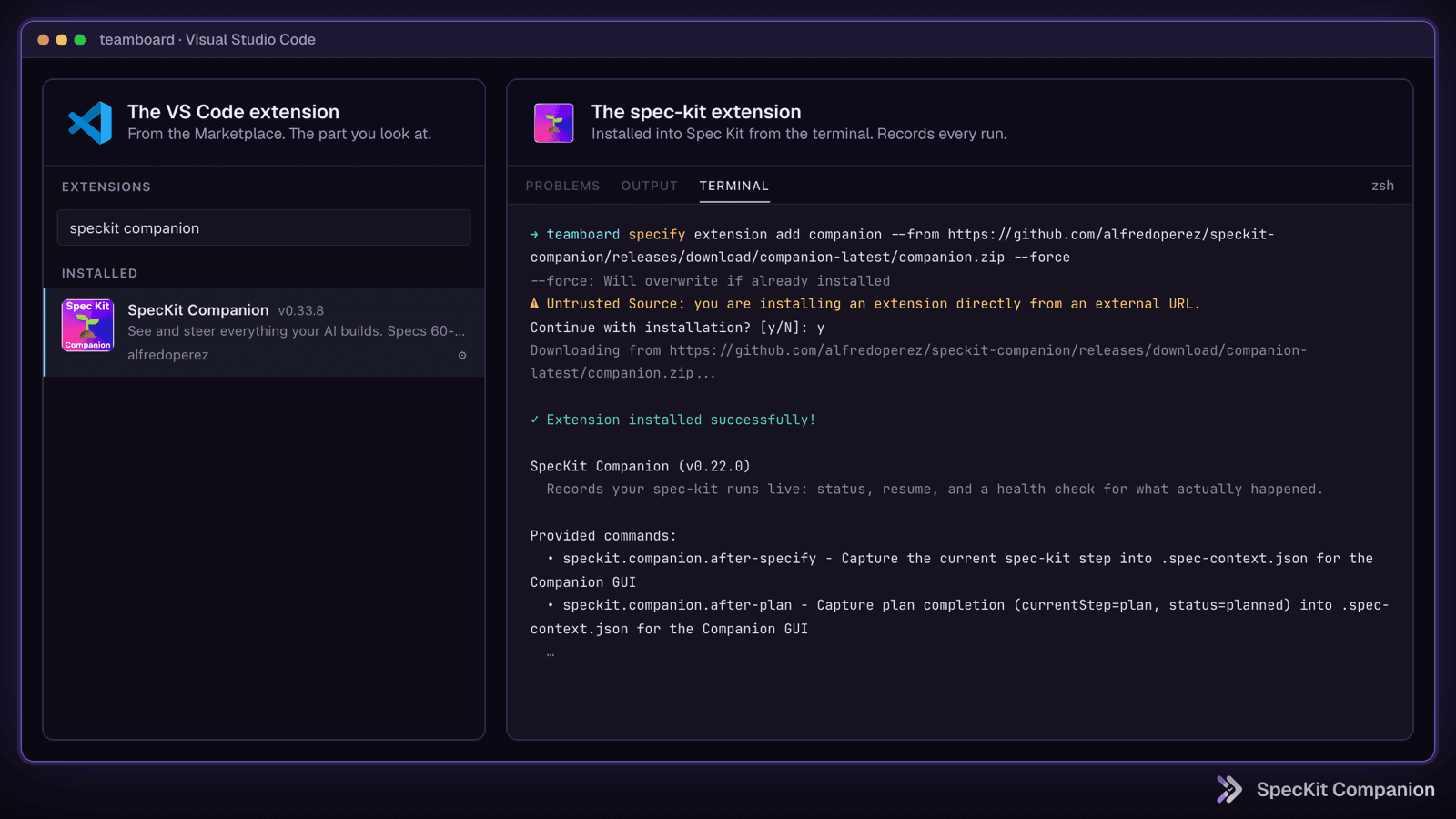 The VS Code extension in the Extensions view, and the spec-kit extension installed from the terminal