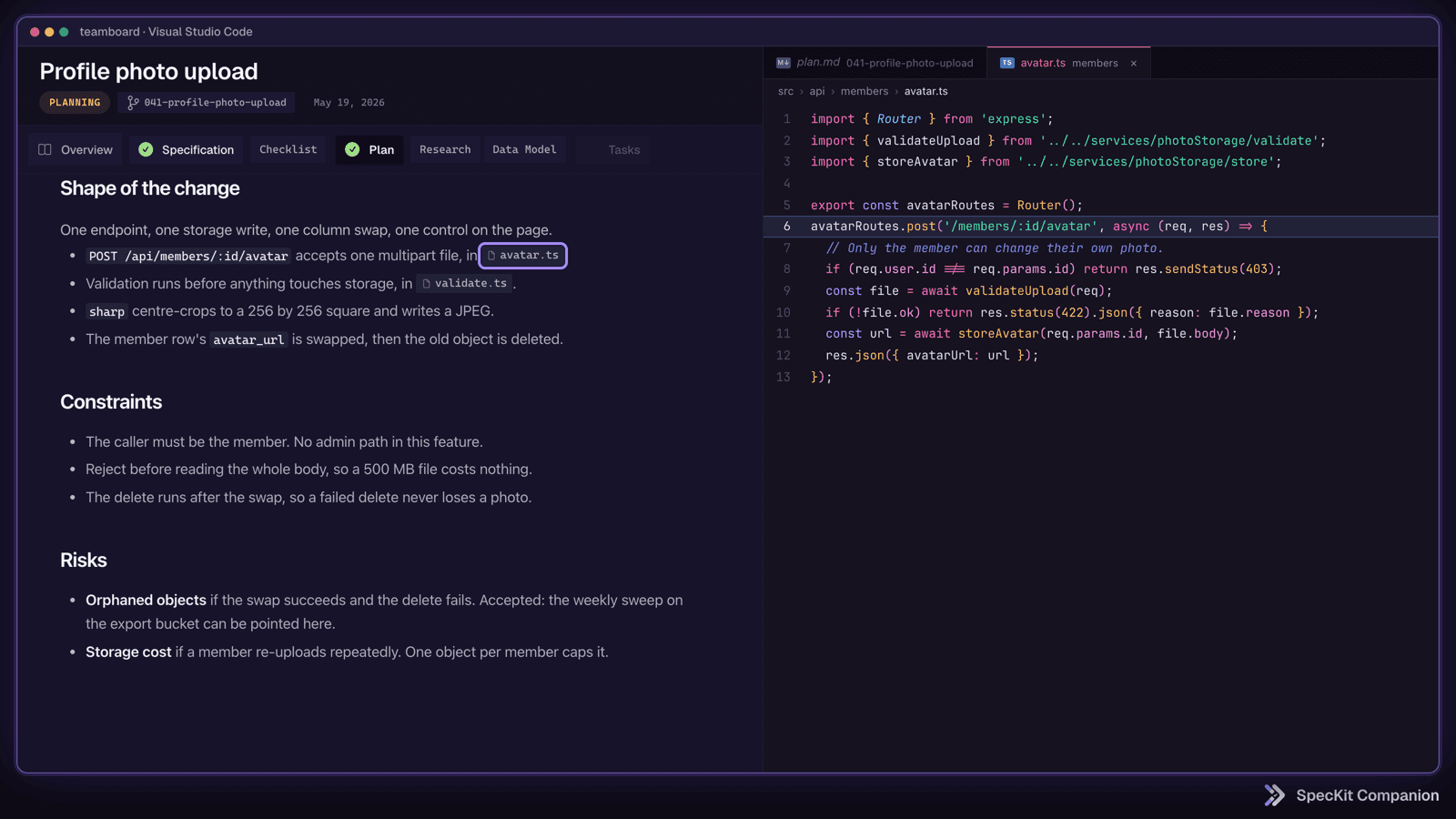 The plan names the route file, and one click opens it in the editor next to it
