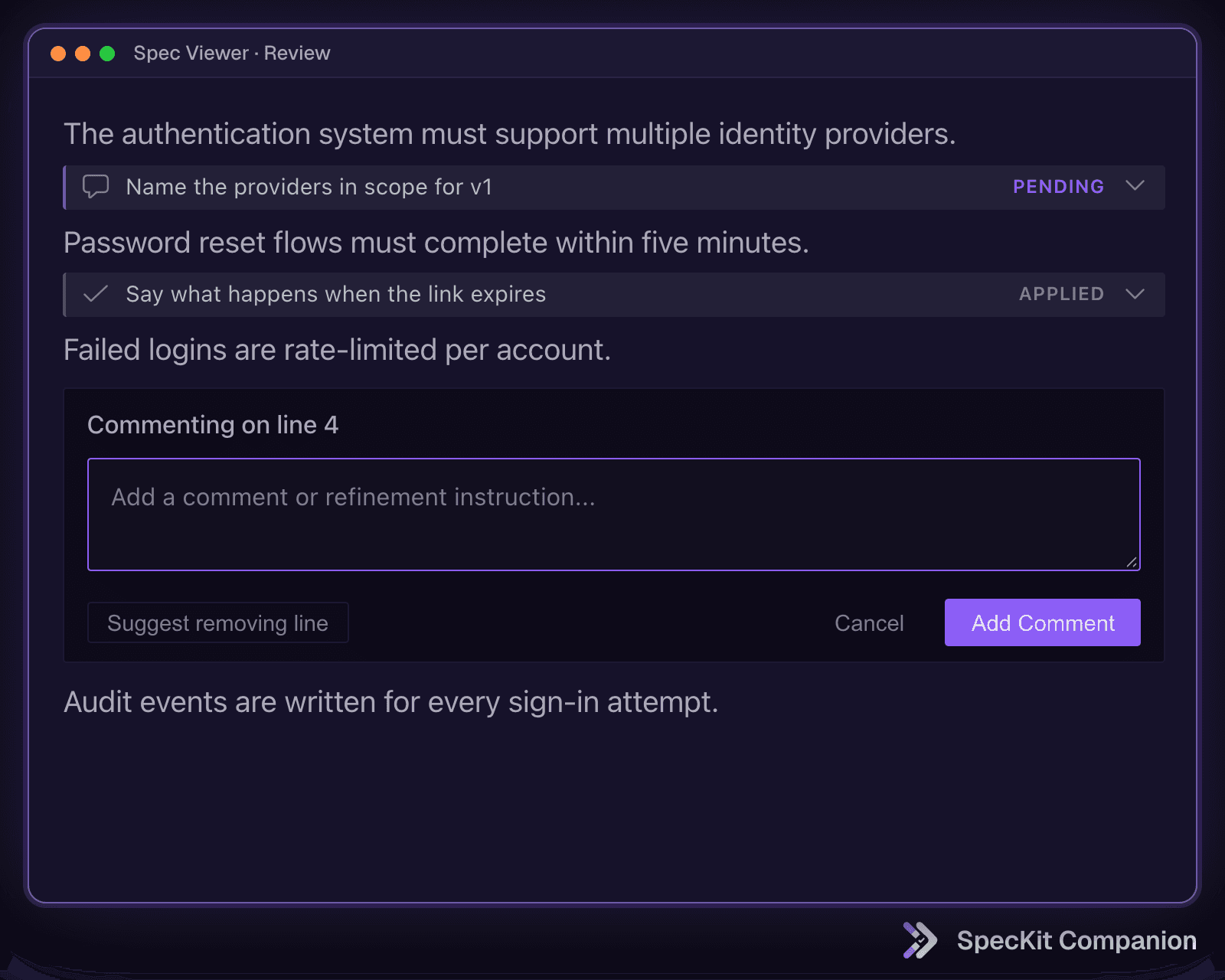 A comment sits under the line it is about. One is pending, one was already applied, a third is being written