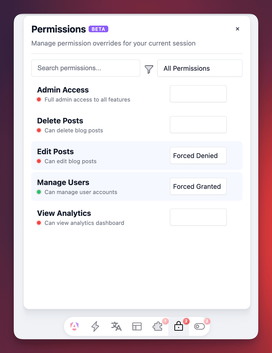 Screenshot of the Permissions panel showing permissions like Can Edit, Can Delete, and Admin Access with grant and deny toggle options