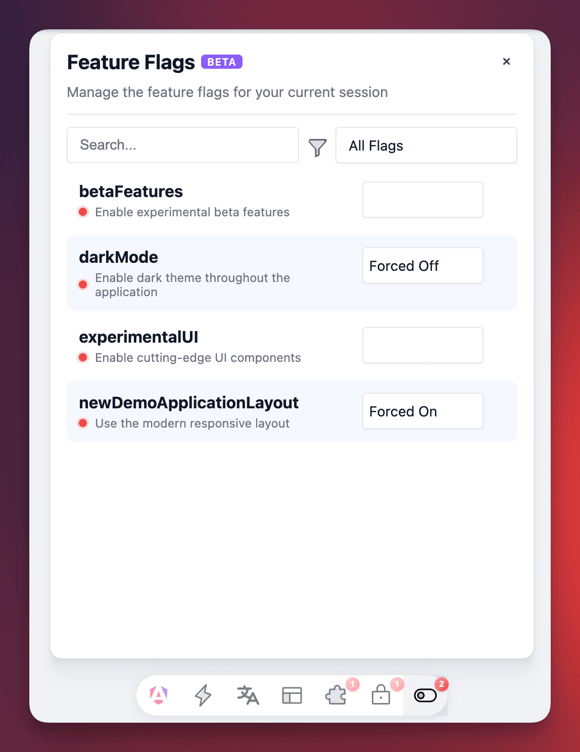 The Feature Flags panel: a search field, an All Flags filter, and four named flags each with a Forced On or Forced Off control.